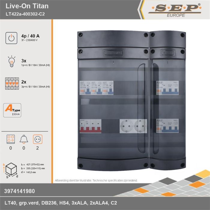 SEP Europe - Live-On Titan, LT422a-400302-C2, 40A, 3-fase groepenkast, 3-lichtgroepen, 2-krachtgroepen,  2V-contactdoos, technische gegevens