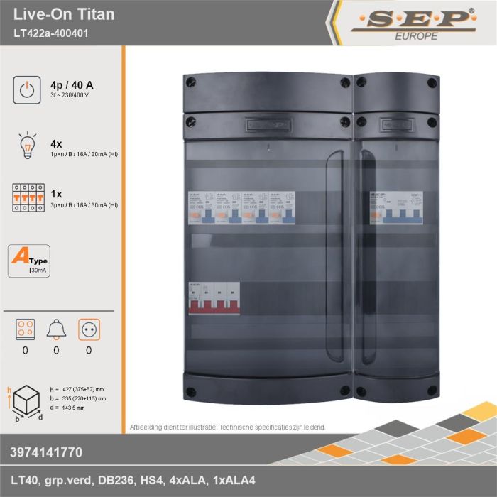 SEP Europe - Live-On Titan, LT422a-400401, 40A, 3-fase groepenkast, 4-lichtgroepen, 1-krachtgroepen, technische gegevens