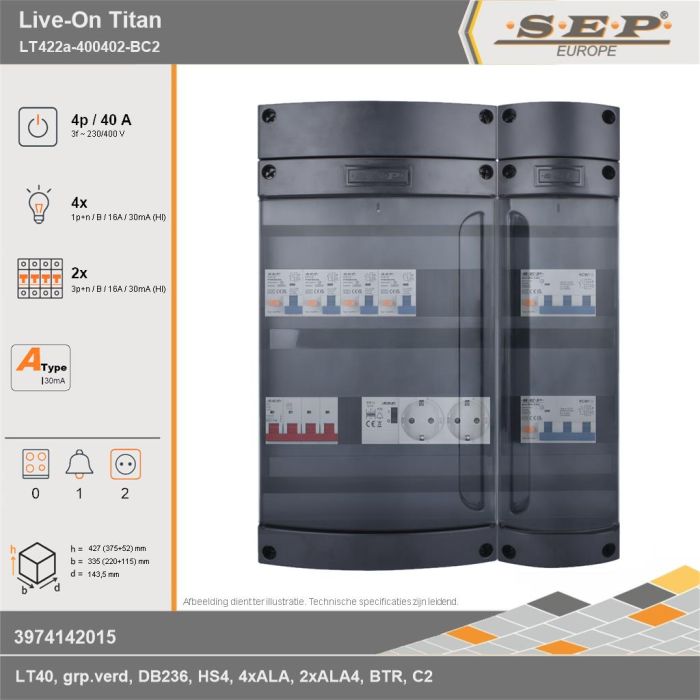 SEP Europe - Live-On Titan, LT422a-400402-BC2, 40A, 3-fase groepenkast, 4-lichtgroepen, 2-krachtgroepen, 1-beltrafo,  2V-contactdoos, technische gegevens
