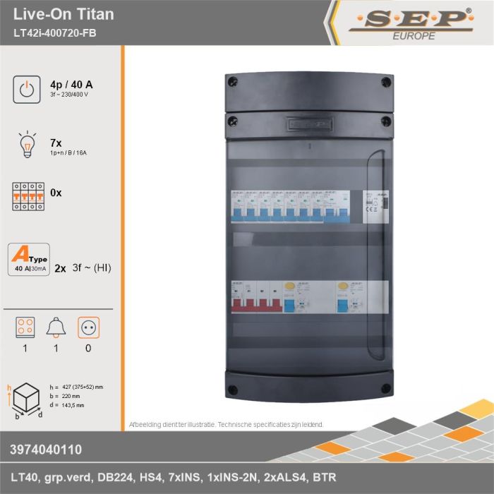 SEP Europe - Live-On Titan, LT42i-400720-FB, 40A, 3-fase groepenkast, 7-lichtgroepen, 1-fornuisgroep, 1-beltrafo, technische gegevens