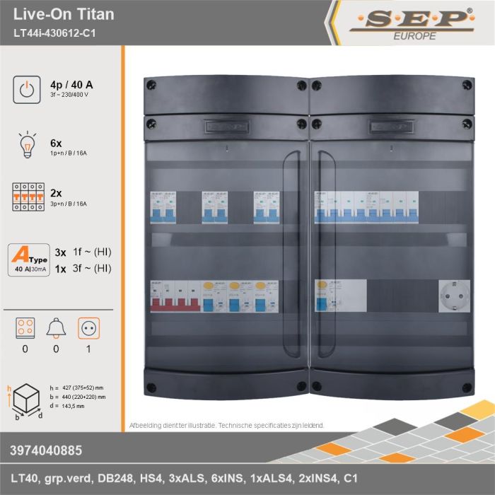 SEP Europe - Live-On Titan, LT44i-430612-C1, 40A, 3-fase groepenkast, 6-lichtgroepen, 2-krachtgroepen,  1V-contactdoos, technische gegevens