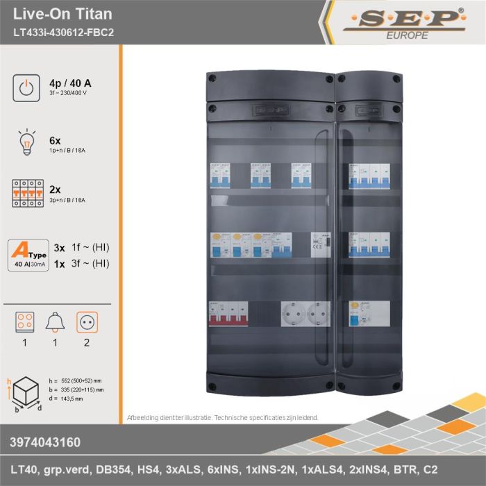 SEP Europe - Live-On Titan, LT433i-430612-FBC2, 40A, 3-fase groepenkast, 6-lichtgroepen, 2-krachtgroepen, 1-fornuisgroep, 1-beltrafo,  2V-contactdoos, technische gegevens