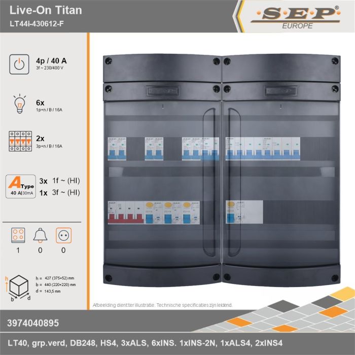 SEP Europe - Live-On Titan, LT44i-430612-F, 40A, 3-fase groepenkast, 6-lichtgroepen, 2-krachtgroepen, 1-fornuisgroep, technische gegevens