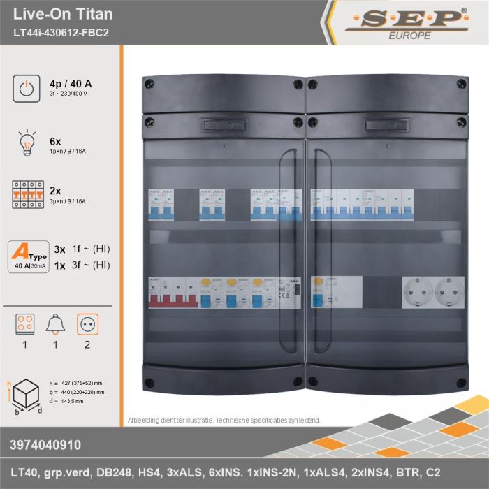 SEP Europe - Live-On Titan, LT44i-430612-FBC2, 40A, 3-fase groepenkast, 6-lichtgroepen, 2-krachtgroepen, 1-fornuisgroep, 1-beltrafo,  2V-contactdoos, technische gegevens