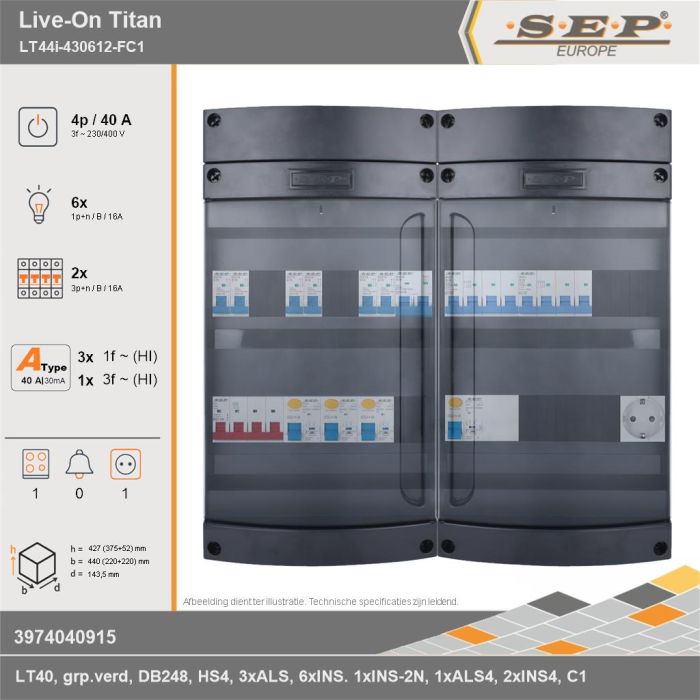 SEP Europe - Live-On Titan, LT44i-430612-FC1, 40A, 3-fase groepenkast, 6-lichtgroepen, 2-krachtgroepen, 1-fornuisgroep,  1V-contactdoos, technische gegevens