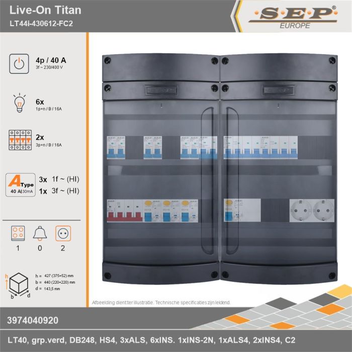 SEP Europe - Live-On Titan, LT44i-430612-FC2, 40A, 3-fase groepenkast, 6-lichtgroepen, 2-krachtgroepen, 1-fornuisgroep,  2V-contactdoos, technische gegevens