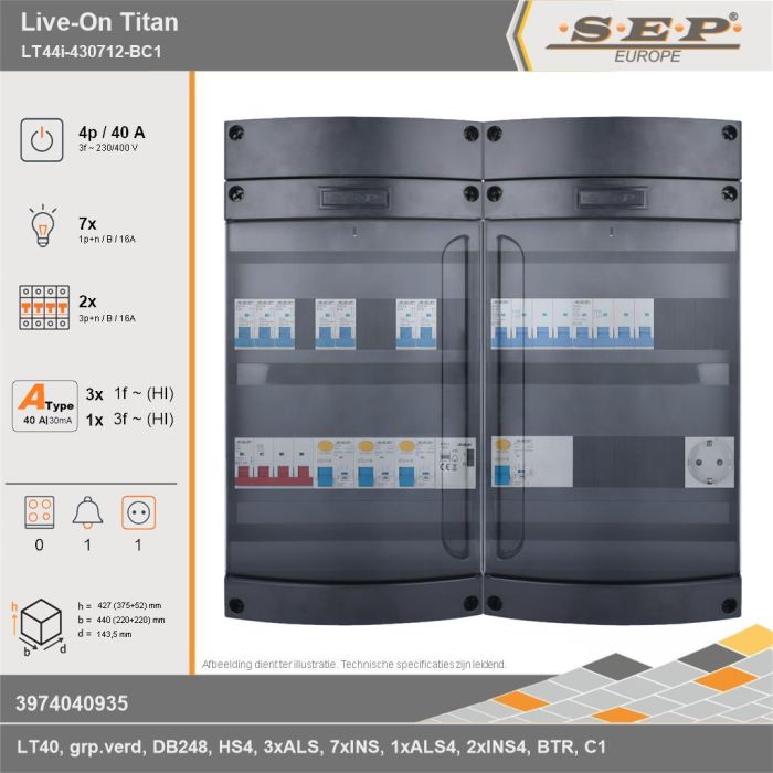 SEP Europe - Live-On Titan, LT44i-430712-BC1, 40A, 3-fase groepenkast, 7-lichtgroepen, 2-krachtgroepen, 1-beltrafo,  1V-contactdoos, technische gegevens
