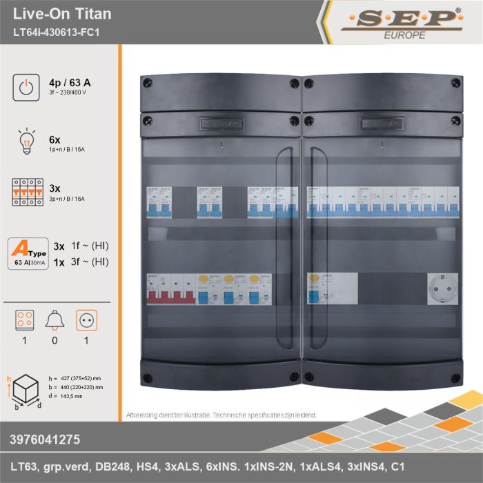 SEP Europe - Live-On Titan, LT64i-430613-FC1, 63A, 3-fase groepenkast, 6-lichtgroepen, 3-krachtgroepen, 1-fornuisgroep,  1V-contactdoos, technische gegevens