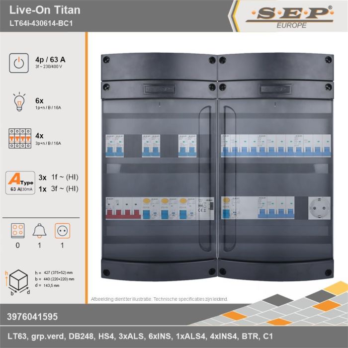 SEP Europe - Live-On Titan, LT64i-430614-BC1, 63A, 3-fase groepenkast, 6-lichtgroepen, 4-krachtgroepen, 1-beltrafo,  1V-contactdoos, technische gegevens