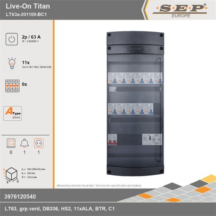 SEP Europe - Live-On Titan, LT63a-201100-BC1, 63A, 3-fase groepenkast, 11-lichtgroepen, 1-beltrafo,  1V-contactdoos, technische gegevens