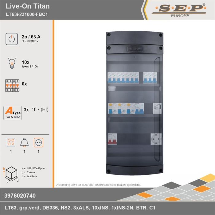 SEP Europe - Live-On Titan, LT63i-231000-FBC1, 63A, 3-fase groepenkast, 10-lichtgroepen, 1-fornuisgroep, 1-beltrafo,  1V-contactdoos, technische gegevens
