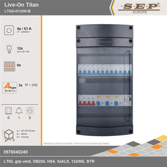 SEP Europe - Live-On Titan, LT62i-431200-B, 63A, 3-fase groepenkast, 12-lichtgroepen, 1-beltrafo, technische gegevens