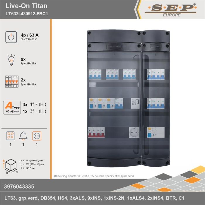 SEP Europe - Live-On Titan, LT633i-430912-FBC1, 63A, 3-fase groepenkast, 9-lichtgroepen, 2-krachtgroepen, 1-fornuisgroep, 1-beltrafo,  1V-contactdoos, technische gegevens