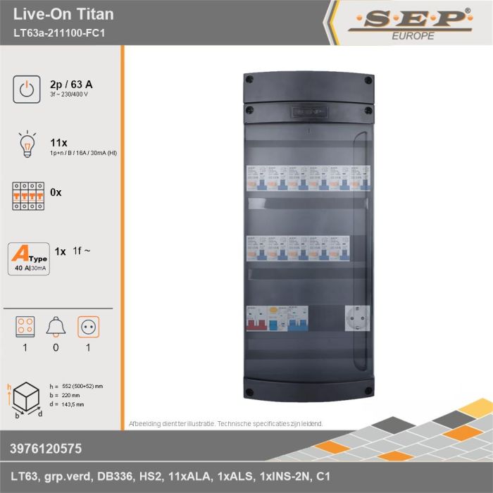 SEP Europe - Live-On Titan, LT63a-211100-FC1, 63A, 3-fase groepenkast, 11-lichtgroepen, 1-fornuisgroep,  1V-contactdoos, technische gegevens
