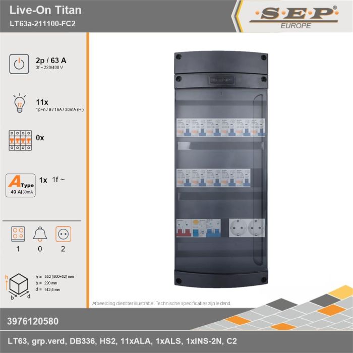 SEP Europe - Live-On Titan, LT63a-211100-FC2, 63A, 3-fase groepenkast, 11-lichtgroepen, 1-fornuisgroep,  2V-contactdoos, technische gegevens
