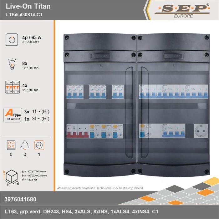 SEP Europe - Live-On Titan, LT64i-430814-C1, 63A, 3-fase groepenkast, 8-lichtgroepen, 4-krachtgroepen,  1V-contactdoos, technische gegevens