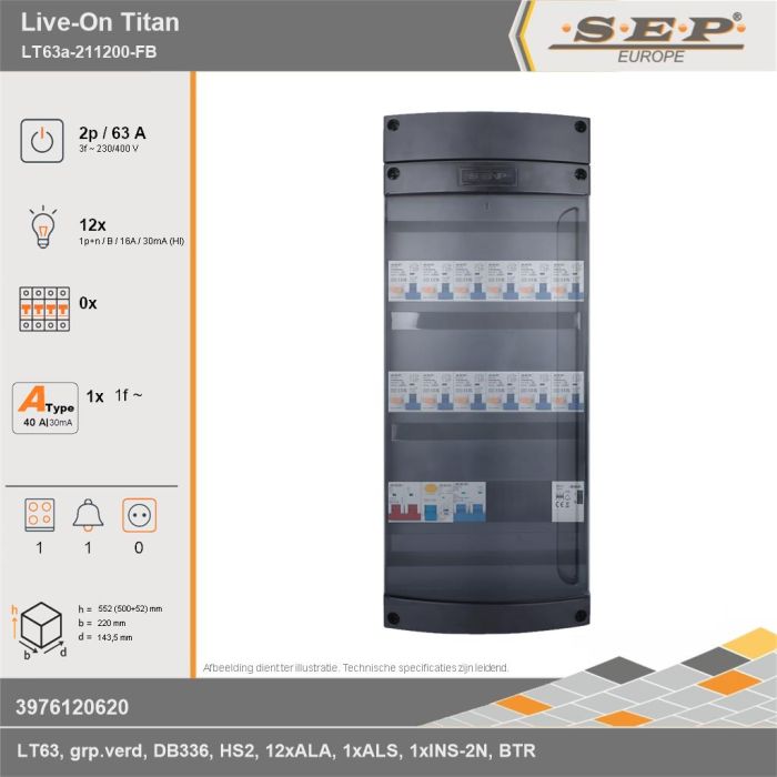 SEP Europe - Live-On Titan, LT63a-211200-FB, 63A, 3-fase groepenkast, 12-lichtgroepen, 1-fornuisgroep, 1-beltrafo, technische gegevens