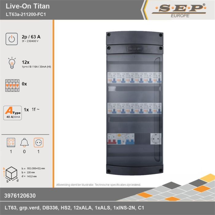 SEP Europe - Live-On Titan, LT63a-211200-FC1, 63A, 3-fase groepenkast, 12-lichtgroepen, 1-fornuisgroep,  1V-contactdoos, technische gegevens