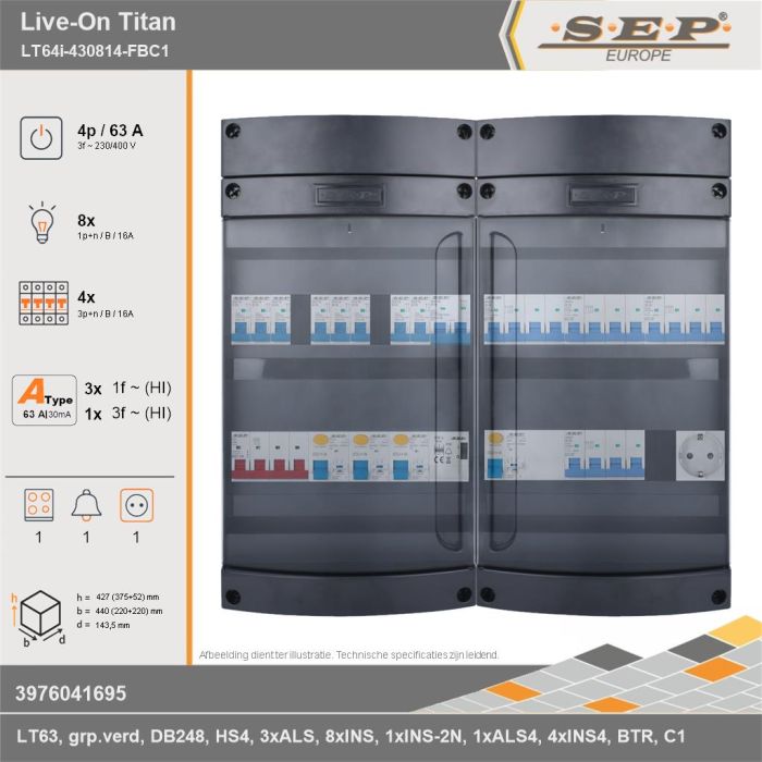 SEP Europe - Live-On Titan, LT64i-430814-FBC1, 63A, 3-fase groepenkast, 8-lichtgroepen, 4-krachtgroepen, 1-fornuisgroep, 1-beltrafo,  1V-contactdoos, technische gegevens