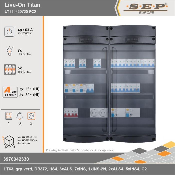 SEP Europe - Live-On Titan, LT66i-430725-FC2, 63A, 3-fase groepenkast, 7-lichtgroepen, 5-krachtgroepen, 1-fornuisgroep,  2V-contactdoos, technische gegevens