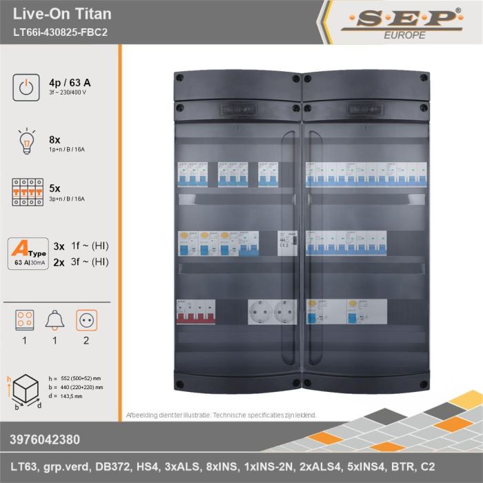 SEP Europe - Live-On Titan, LT66i-430825-FBC2, 63A, 3-fase groepenkast, 8-lichtgroepen, 5-krachtgroepen, 1-fornuisgroep, 1-beltrafo,  2V-contactdoos, technische gegevens