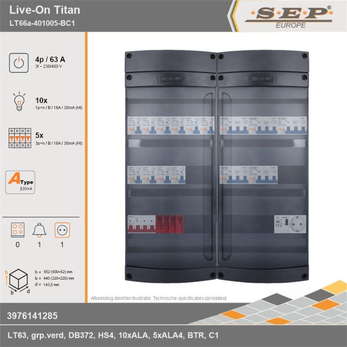 SEP Europe - Live-On Titan, LT66a-401005-BC1, 63A, 3-fase groepenkast, 10-lichtgroepen, 5-krachtgroepen, 1-beltrafo,  1V-contactdoos, technische gegevens