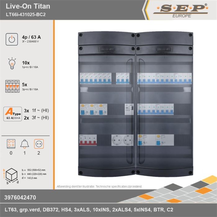 SEP Europe - Live-On Titan, LT66i-431025-BC2, 63A, 3-fase groepenkast, 10-lichtgroepen, 5-krachtgroepen, 1-beltrafo,  2V-contactdoos, technische gegevens