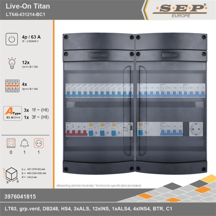 SEP Europe - Live-On Titan, LT64i-431214-BC1, 63A, 3-fase groepenkast, 12-lichtgroepen, 4-krachtgroepen, 1-beltrafo,  1V-contactdoos, technische gegevens