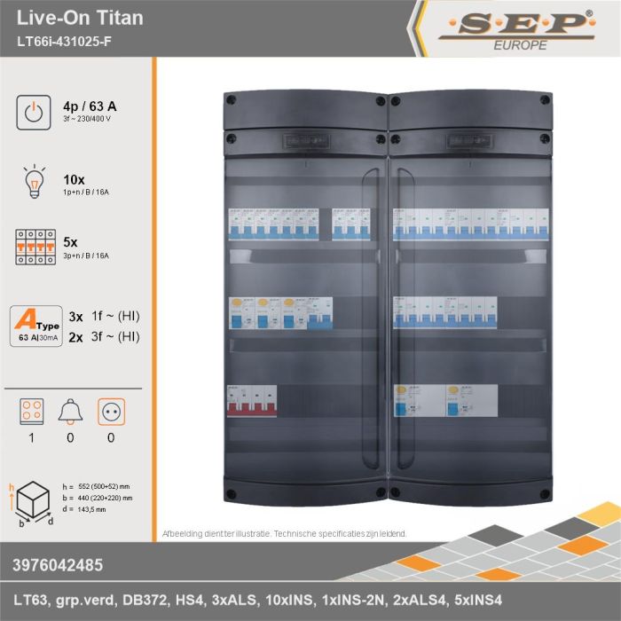 SEP Europe - Live-On Titan, LT66i-431025-F, 63A, 3-fase groepenkast, 10-lichtgroepen, 5-krachtgroepen, 1-fornuisgroep, technische gegevens