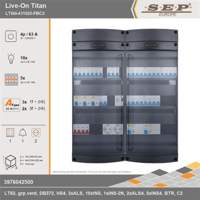SEP Europe - Live-On Titan, LT66i-431025-FBC2, 63A, 3-fase groepenkast, 10-lichtgroepen, 5-krachtgroepen, 1-fornuisgroep, 1-beltrafo,  2V-contactdoos, technische gegevens