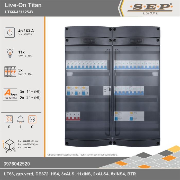 SEP Europe - Live-On Titan, LT66i-431125-B, 63A, 3-fase groepenkast, 11-lichtgroepen, 5-krachtgroepen, 1-beltrafo, technische gegevens