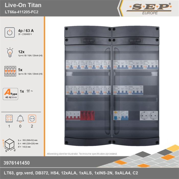 SEP Europe - Live-On Titan, LT66a-411205-FC2, 63A, 3-fase groepenkast, 12-lichtgroepen, 5-krachtgroepen, 1-fornuisgroep,  2V-contactdoos, technische gegevens