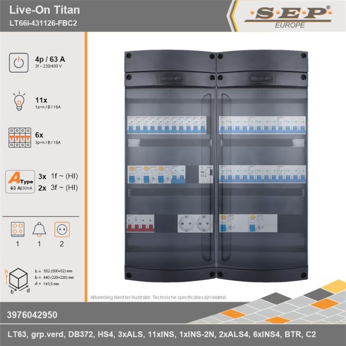 SEP Europe - Live-On Titan, LT66i-431126-FBC2, 63A, 3-fase groepenkast, 11-lichtgroepen, 6-krachtgroepen, 1-fornuisgroep, 1-beltrafo,  2V-contactdoos, technische gegevens