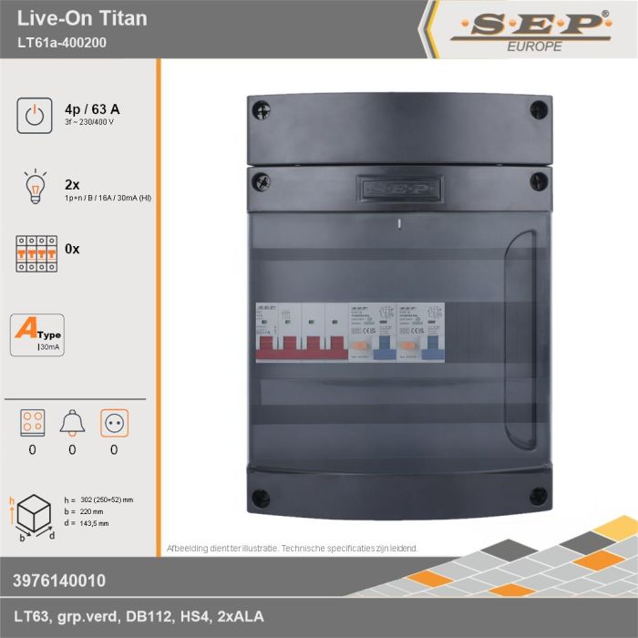 SEP Europe - Live-On Titan, LT61a-400200, 63A, 3-fase groepenkast, 2-lichtgroepen, technische gegevens
