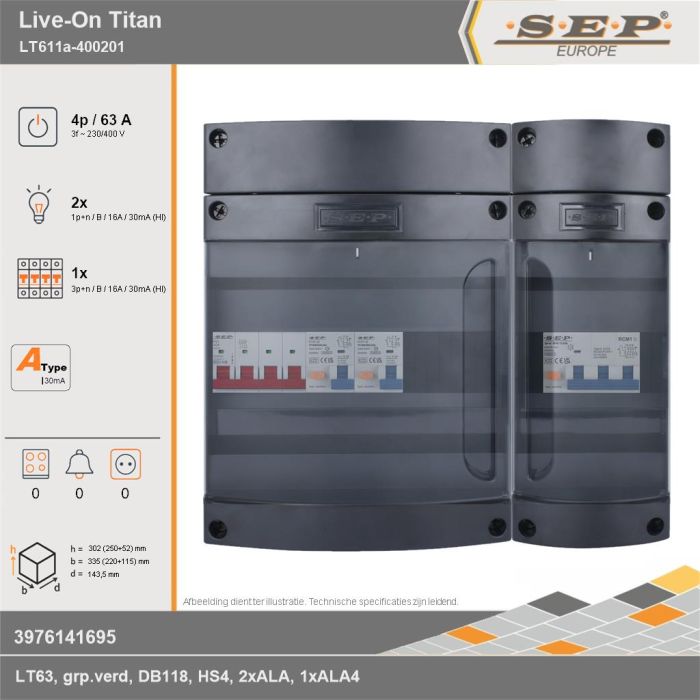 SEP Europe - Live-On Titan, LT611a-400201, 63A, 3-fase groepenkast, 2-lichtgroepen, 1-krachtgroepen, technische gegevens