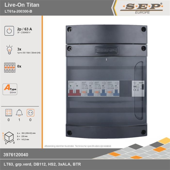 SEP Europe - Live-On Titan, LT61a-200300-B, 63A, 3-fase groepenkast, 3-lichtgroepen, 1-beltrafo, technische gegevens