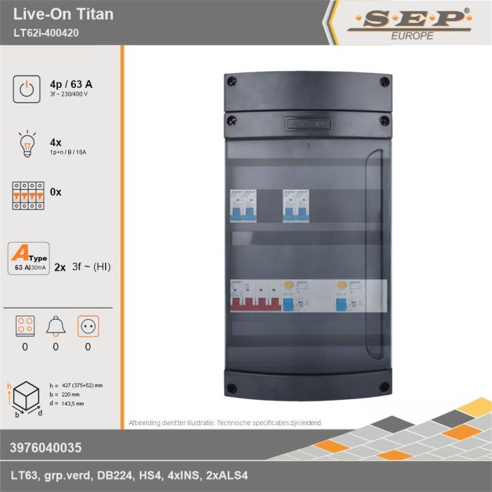 SEP Europe - Live-On Titan, LT62i-400420, 63A, 3-fase groepenkast, 4-lichtgroepen, technische gegevens