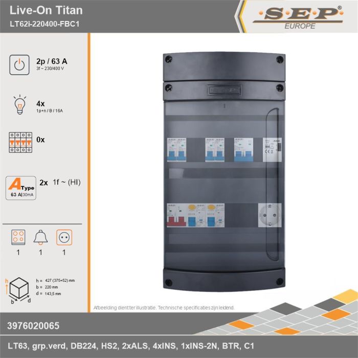 SEP Europe - Live-On Titan, LT62i-220400-FBC1, 63A, 3-fase groepenkast, 4-lichtgroepen, 1-fornuisgroep, 1-beltrafo,  1V-contactdoos, technische gegevens