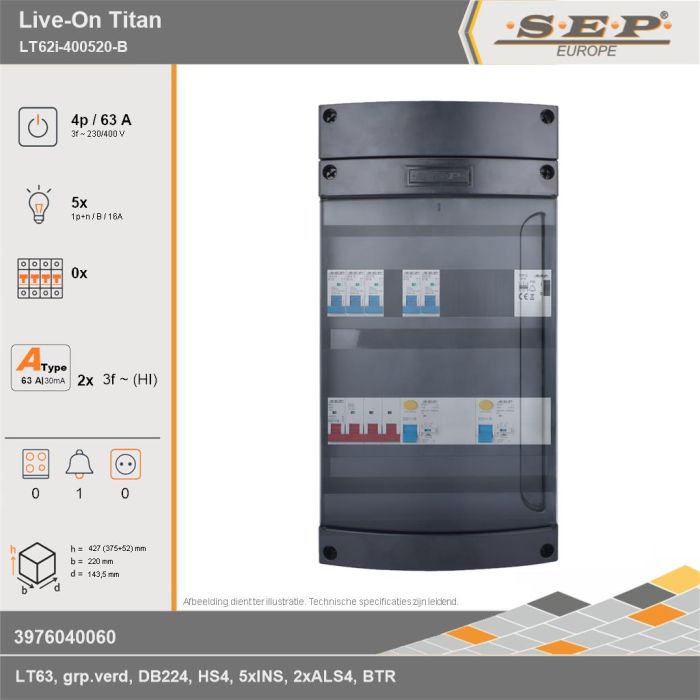 SEP Europe - Live-On Titan, LT62i-400520-B, 63A, 3-fase groepenkast, 5-lichtgroepen, 1-beltrafo, technische gegevens