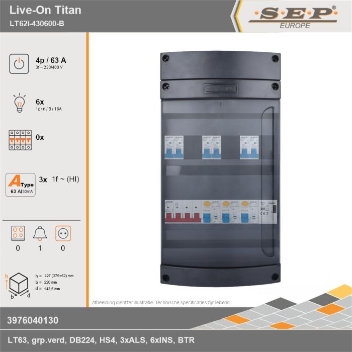 SEP Europe - Live-On Titan, LT62i-430600-B, 63A, 3-fase groepenkast, 6-lichtgroepen, 1-beltrafo, technische gegevens