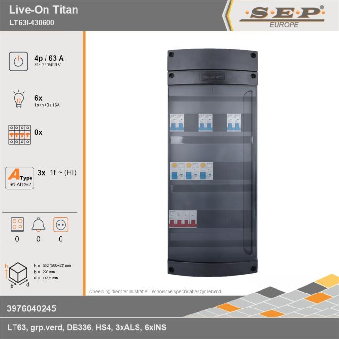 SEP Europe - Live-On Titan, LT63i-430600, 63A, 3-fase groepenkast, 6-lichtgroepen, technische gegevens