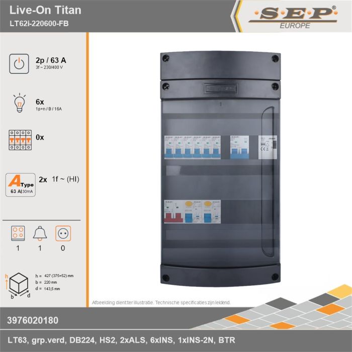 SEP Europe - Live-On Titan, LT62i-220600-FB, 63A, 3-fase groepenkast, 6-lichtgroepen, 1-fornuisgroep, 1-beltrafo, technische gegevens