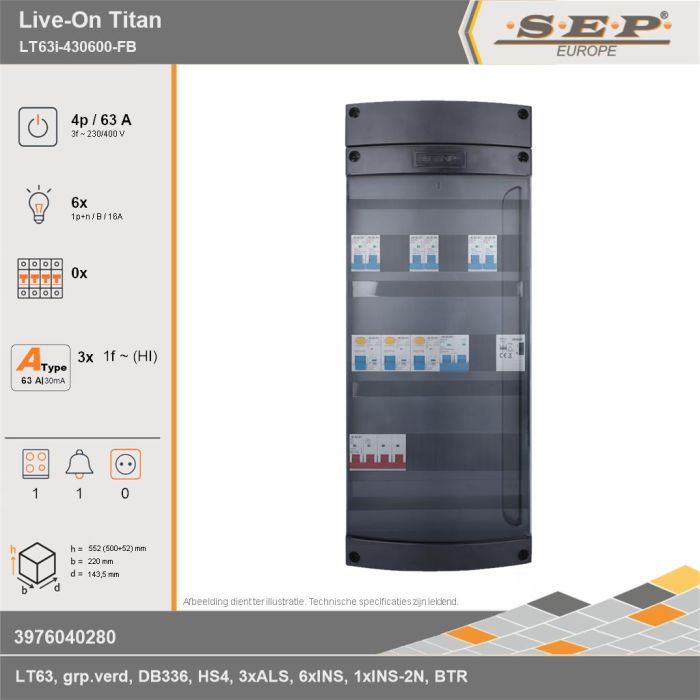 SEP Europe - Live-On Titan, LT63i-430600-FB, 63A, 3-fase groepenkast, 6-lichtgroepen, 1-fornuisgroep, 1-beltrafo, technische gegevens