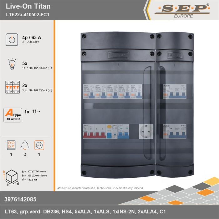 SEP Europe - Live-On Titan, LT622a-410502-FC1, 63A, 3-fase groepenkast, 5-lichtgroepen, 2-krachtgroepen, 1-fornuisgroep,  1V-contactdoos, technische gegevens