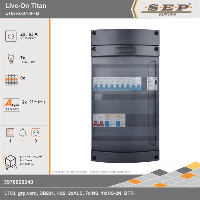 SEP Europe - Live-On Titan, LT62i-220700-FB, 63A, 3-fase groepenkast, 7-lichtgroepen, 1-fornuisgroep, 1-beltrafo, technische gegevens