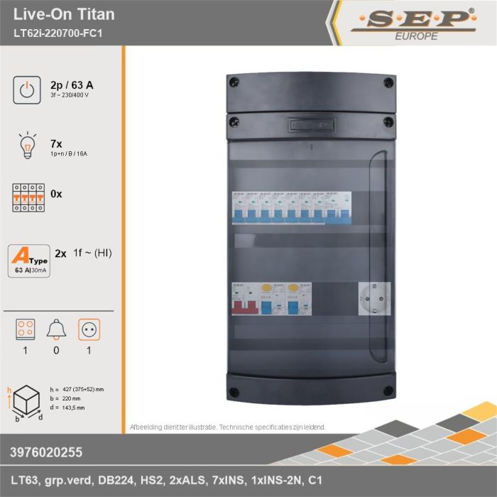 SEP Europe - Live-On Titan, LT62i-220700-FC1, 63A, 3-fase groepenkast, 7-lichtgroepen, 1-fornuisgroep,  1V-contactdoos, technische gegevens