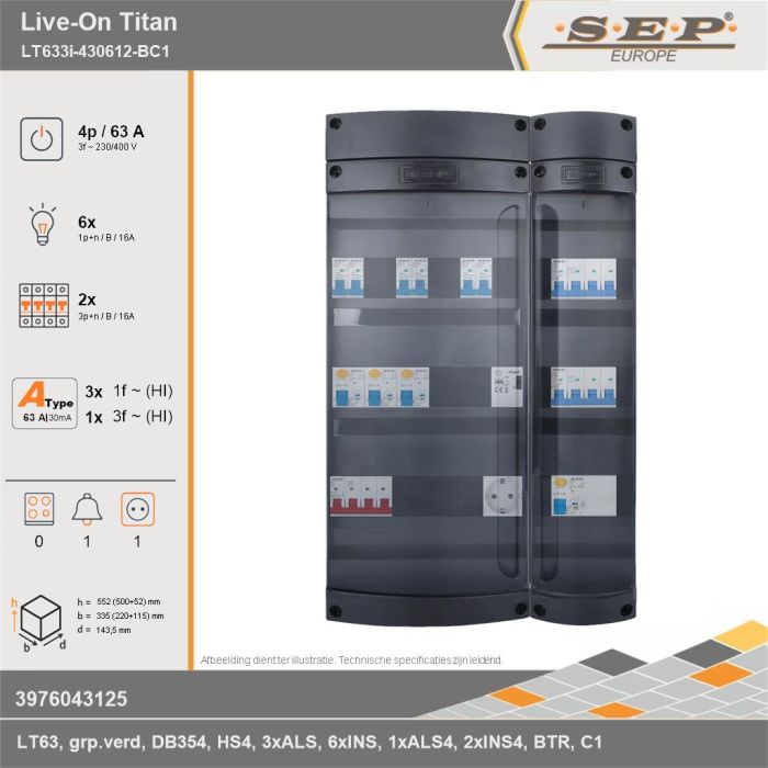SEP Europe - Live-On Titan, LT633i-430612-BC1, 63A, 3-fase groepenkast, 6-lichtgroepen, 2-krachtgroepen, 1-beltrafo,  1V-contactdoos, technische gegevens