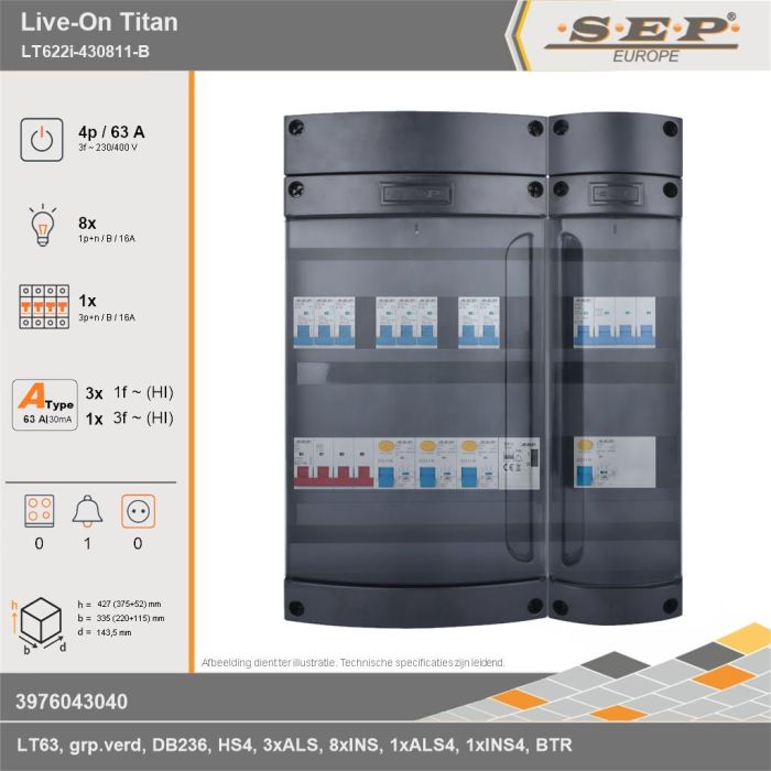 SEP Europe - Live-On Titan, LT622i-430811-B, 63A, 3-fase groepenkast, 8-lichtgroepen, 1-krachtgroepen, 1-beltrafo, technische gegevens