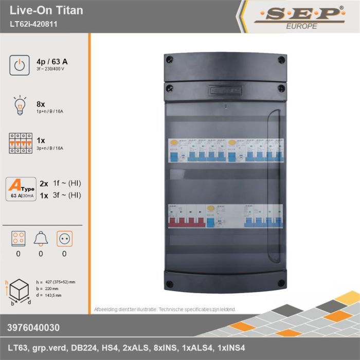 SEP Europe - Live-On Titan, LT62i-420811, 63A, 3-fase groepenkast, 8-lichtgroepen, 1-krachtgroepen, technische gegevens