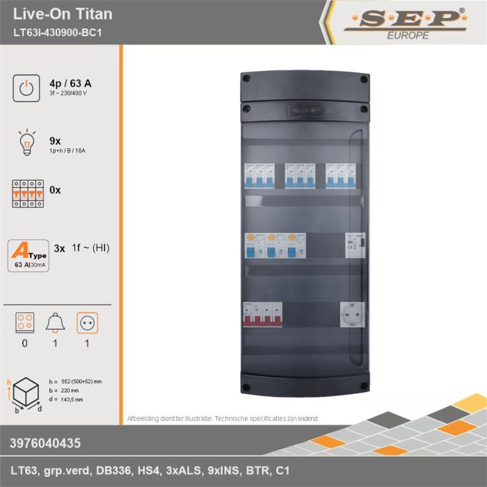 SEP Europe - Live-On Titan, LT63i-430900-BC1, 63A, 3-fase groepenkast, 9-lichtgroepen, 1-beltrafo,  1V-contactdoos, technische gegevens